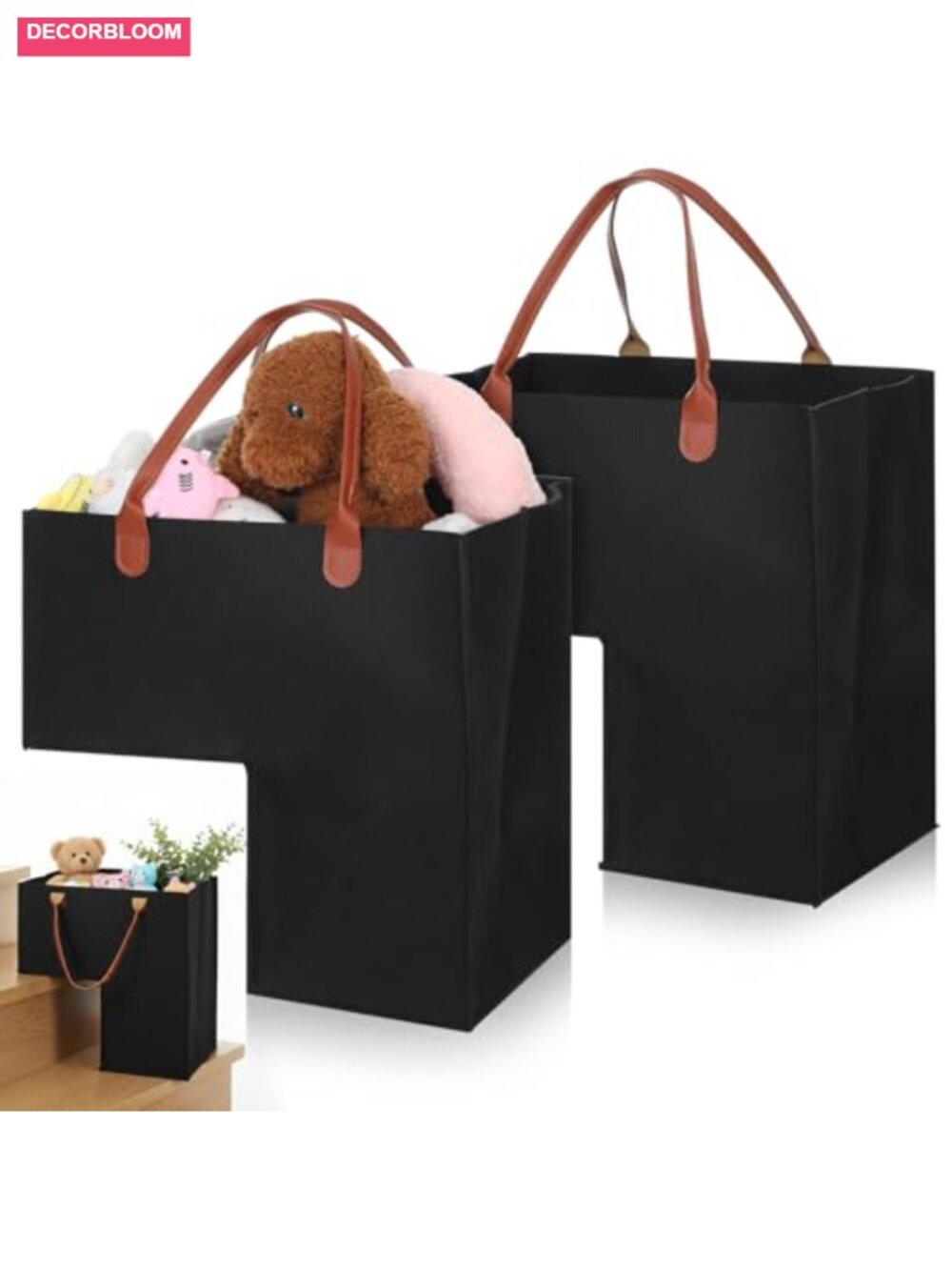 2 Pack Stair Basket with Leather Handles Foldable Felt Storage Organizer for